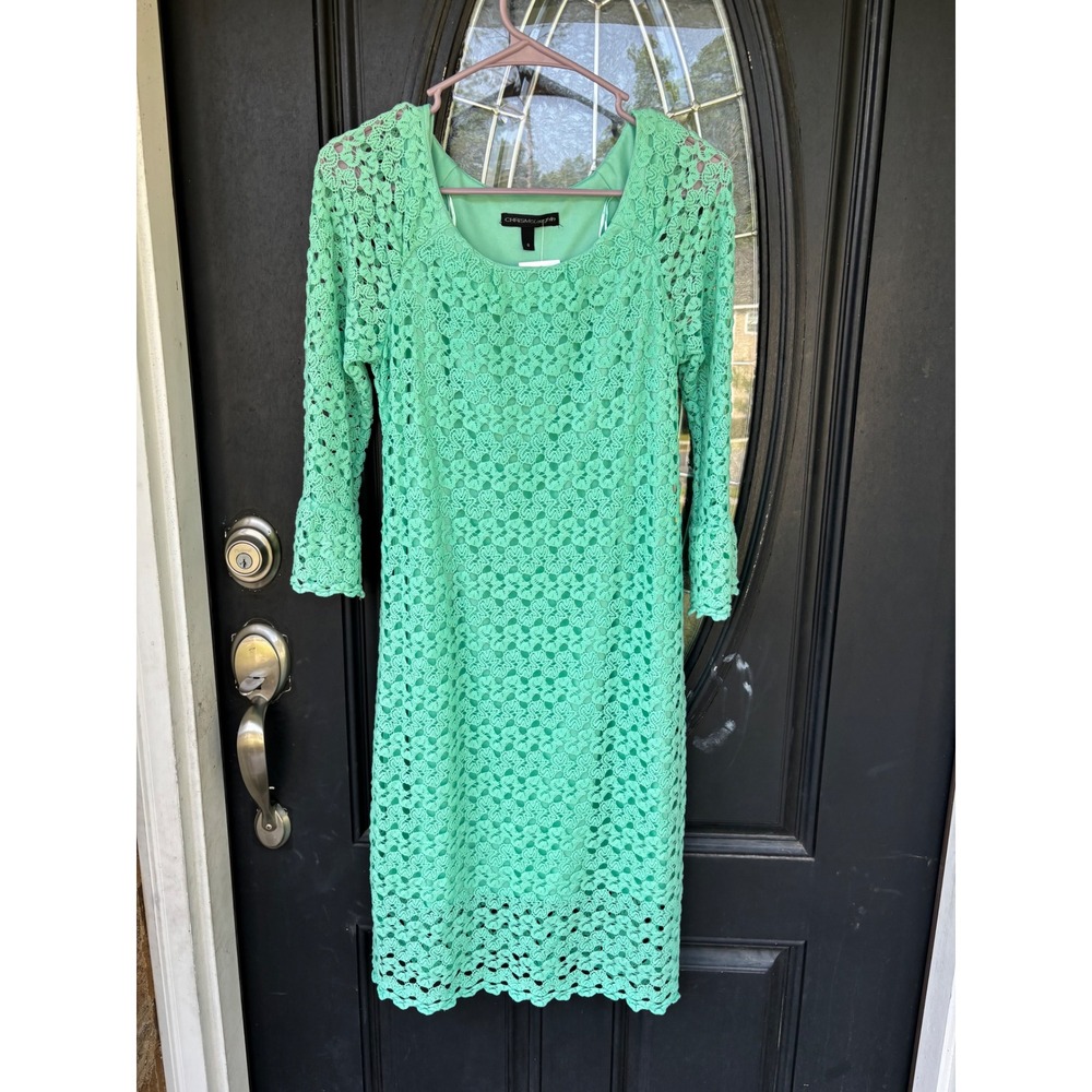 Chris McLaughlin Mint Green Crochet Lace Shift‎ Dress 3/4 Bell Sleeve Size 6 NWT